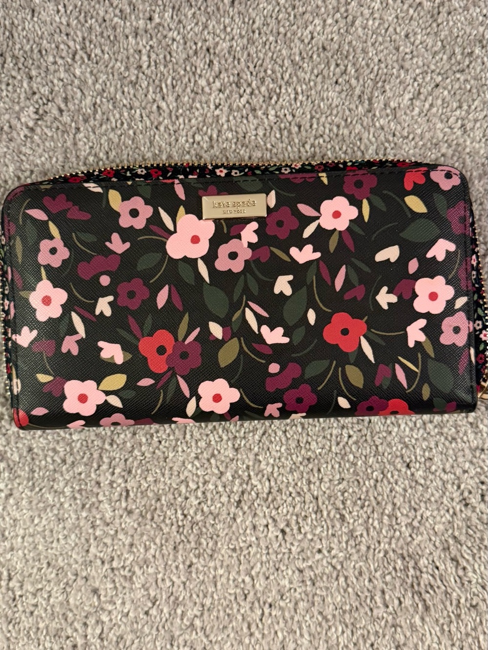 kate spade Black Floral Zip-Around Wallet with Pink & Red Flowers